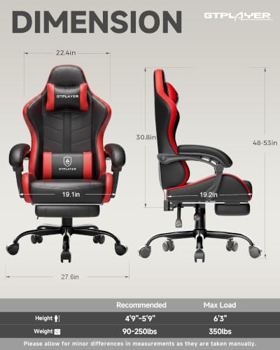 Image of GTPLAYER Gaming Chair for Adults, Computer Chair with Footrest, Black & Red | Ergonomic Video Game Chair with 90-155 Recline, Removable Headrest & Lumbar Support, All-Day Comfort for Home & Office