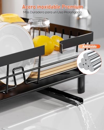LIONONLY Escurreplatos Que Ahorra Espacio, Escurridor de Platos Escurreplatos de Acero Inoxidable escurreplatos sobre Fregadero Escurridor de Platos con Drenaje Automático - imagen 4