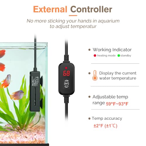Image of hygger Mini Fish Tank Submersible Heater for 1~15 Gallons Desktop Betta Aquarium Heater with Digital Display Controller Adjustable Temperature, 20W /50W /75Watt (75W)