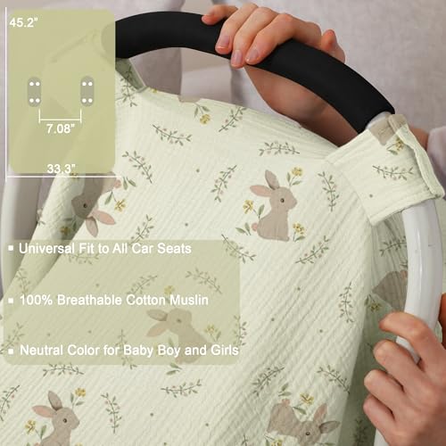 Image of 100% Muslin Cotton Car Seat Cover Baby, Carseat Canopy Cover, Universal Fit Stroller Covers for Boys and Girls (Cute Rabbit)