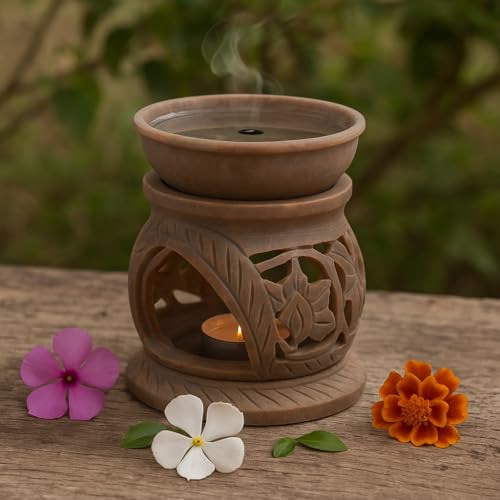 Pure Source India Handcrafted Soapstone Aroma Burner Oil Diffuser and 1 Tea Light Candle (Natural) (Natural)