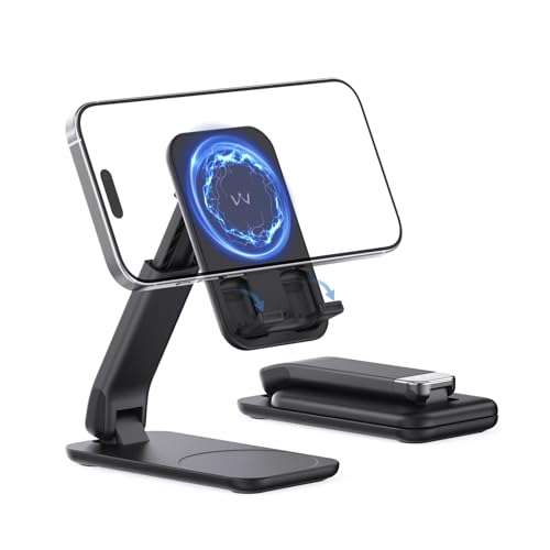 Image of iWALK Magnetic Cell Phone Stand for Desk, Angle and Height Adjustable Mobile Phone Holder, Foldable Magnet Stand for iPhone 17 16 15 14 13 12 Pro Max and iPad, Cell Phone Holder for Samsung, Black