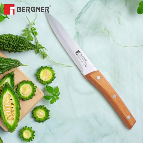Image of BERGNER Natural Stainless Steel 12.5cm Utility Kitchen Knife, for Cutting, Chopping, Slicing, Sharp Blade, Food Grade, Non-Toxic, Stainless Steel Material, Mirror Finish, Wooden Handle, Non-Slip Grip