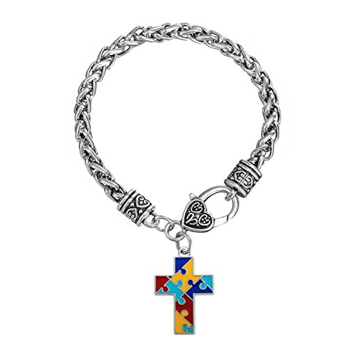 Autism Awareness Bracelet - Puzzle Pieces Love Heart Cross Charm - Classic Charms Bracelet - Gift for Autistic Population