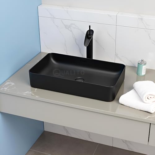 Image of QUALITO Designer Table Top Wash Basin for Bathroom, Living Room, Hall, Dinning Room | Big Size Black Ceramic Vessel Sink /Basin | Glossy Finish Marble Vanity Basin (24x14x5 Inch, Black)