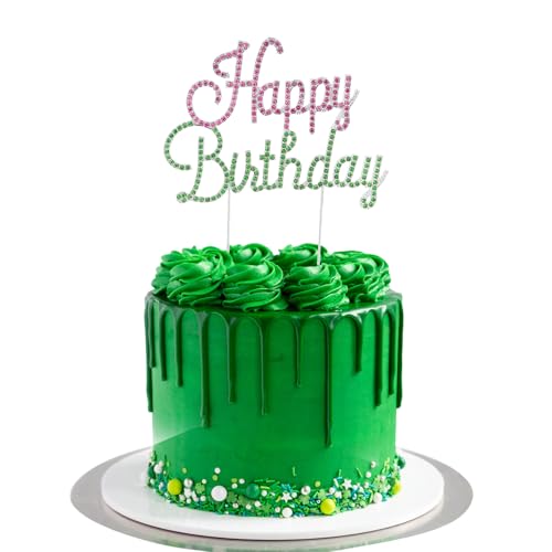 BAHABY Happy Birthday Cake Topper Pink & Green Rhinestones Wicked Themed Cake Topper for Birthday Party Decorations