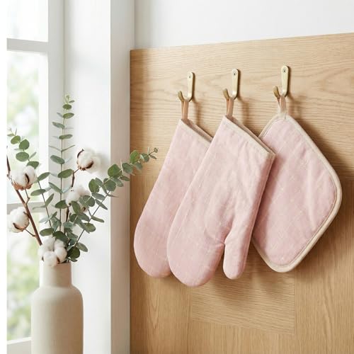 6-Piece Oven Mitts Set, Heat Resistant Gloves with Potholder for Baking Cooking, Pink Kitchen Gloves - Image 6