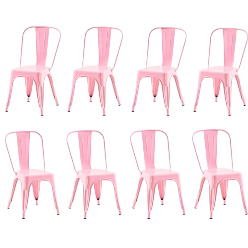 Image of Metal Dining Chairs with Backrest, Stackable, Pink, 8 Pack | Easy Assembly, Non-Slip Feet, 330 lb Capacity, Kitchen, Restaurant, Cafe, Pub, Covered Patio