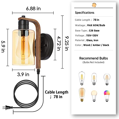 Image of Plug in Wall Sconces Set of Two with Touch Switch Vintage Dimmable Plug in Wall Lights Fixtures with Amber Glass Wall Mounted Bedside Lamps for Bedroom Nightstand Headboard Reading Living Room