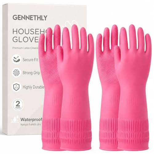 Gennethly Rubber Dishwashing Gloves 2 Pairs Reusable Cleaning Dish Gloves for Kitchen Non-Slip Waterproof Dish Washing Long Cuff for Woman (Red Medium)