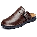 GURGER Mules Homme en Cuir, Sabots Slip On à Talon Ouvert, Semelle Antidérapante, Chaussures Confortables pour Maison et Extérieur, Marron Foncé Tailles 42