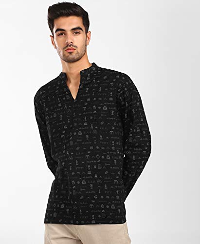 Image of Shatranj by FBB Men's Printed Blended Full Sleeves Kurta - Medium, Black