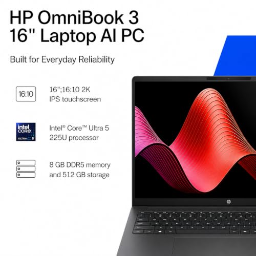 Image of HP OmniBook 3 16 inch Touchscreen AI Business Laptop, Intel Core Ultra 5 225U (Outperforms Intel Core i7-1355U), 32GB DDR5 RAM, 2TB PCIe SSD, Intel AI Boost NPU 12 Tops, 2K IPS, Wi-Fi 7, Windows 11 Home