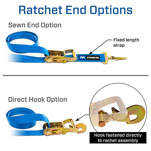 Mac's Tie-Downs 512118 Automotive Strap Kit (4 Pack) - Blue, 10,000 Lbs. Break Strength 2" W X 8' L Ratchet Strap With Direct Hook Ends, Integrated Axle Straps, Strap Wraps, (1) Canvas Storage Bag #TOP4