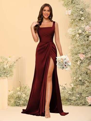 Dessiny Women's Spaghetti Straps Mermaid Bridesmaid Dresses 2025 with Slit Ruched Satin Formal Evening Dress DE3714