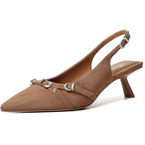 Image of Mostrin Kitten Heels for Women Pointed Toe Pumps Patent Leather Low Heel Slingback Heels with Buckle Dress Shoes for Dating Party Working