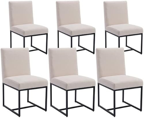 VESCASA Linen Upholstered Dining Chairs Set of 6, Mid Century Modern Padded Chair with Black Metal Frame for Restaurant, Dining Room, Kitchen, Cream