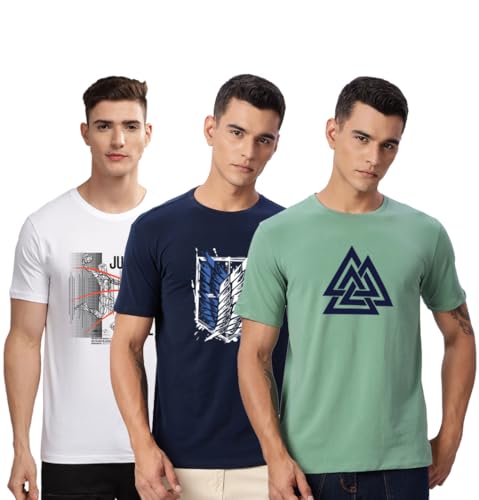 Image of ADRO 100% Cotton Lycra Tshirts for Men Combo Pack of 3 | Regular Fit | Printed T Shirt | Round Neck Half Sleeve| Mens Tshirts