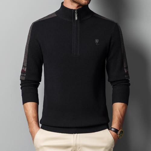 Mens 100% Wool Quarter Zip Pullover Sweaters Stand-Up Collar Knitted Long-Sleeved Casual Top2