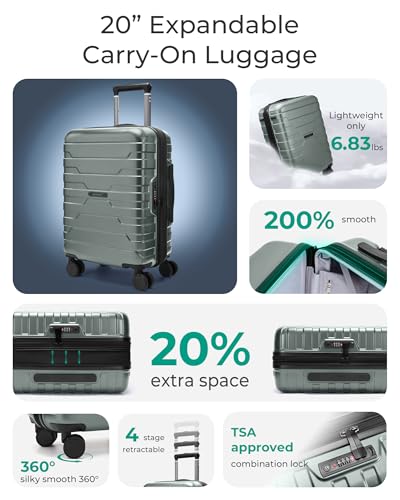 Image of BAGSMART Carry On Luggage 22x14x9 Airline Approved with Spinner Wheels,Lightweight 20 Inch Luggage with TSA Lock,Expandable Hard Shell Carry On Suitcases for Men Women,Olive