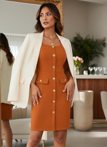 Image of GRACE KARIN 2025 Women's Buttons Belted Square Neck Business Work Dress Sleeveless Bodycon Midi Dress