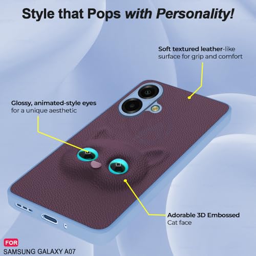 Image of AESTMO Back Case Cover for Samsung Galaxy A07 / M07 / F07 / F70E Back Cover | 3D Cat Cover | Leather Finish | Full Body Protection | Camera Protection Back Cover (Purple)