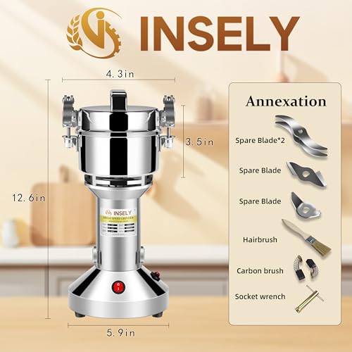INSELY Grain Mill Grinder 150g High Speed Food Grain Mill Stainless Steel See...