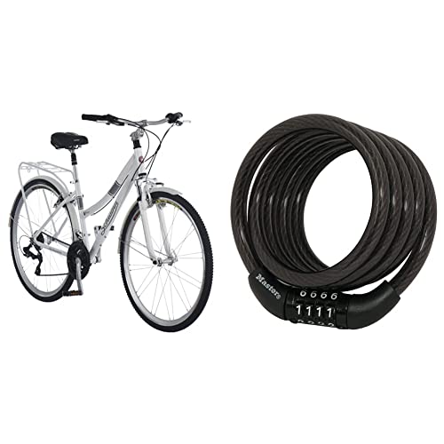 Schwinn Discover Hybrid Bike for Men and Women, 21-Speed, 28-inch Wheels, 16-inch/Small Frame, White & Master Lock Bike Lock Cable, Combination Bicycle Lock, Cable Lock for Outdoor Equipment, 8143D