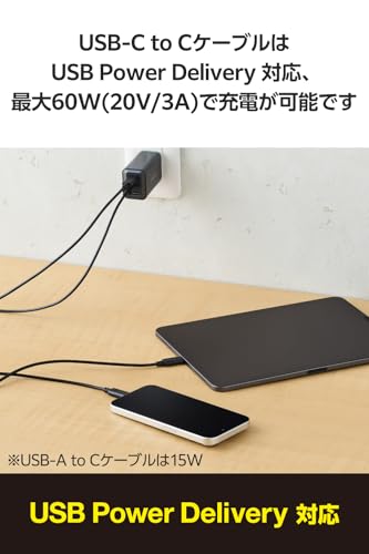 Image of Elecom MPA-CAECTW20BK [Set of 2] USB Type C Cable, USB-C to USB-A, USB-C to USB-C 2.6 ft (2 m), 60W, PD Compatible, Compatible with MacBook /iPad /Galaxy /Android Smartphones, Tablets, Etc., Black