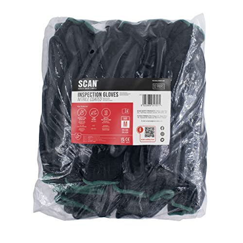 Scan SCAGLOINS12M 12 works Inspection Gloves Nitrile Coated - Medium (Size 8), Black - Image 2