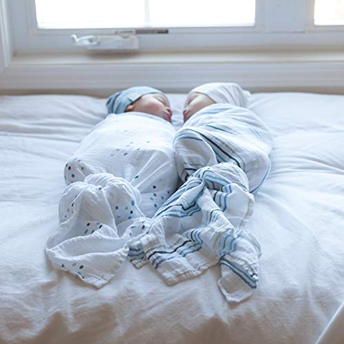 Image of Ely's & Co. Cotton Muslin Swaddle Blanket 2-Pack for Baby Boy - 100% Cotton Muslin Extra-Large Swaddle Blankets (47 inch x 47 inch) Blue Rainbows | Blue Stripes