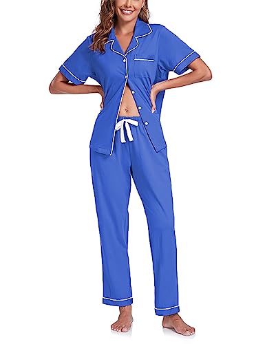 Image of COLORFULLEAF Women's 100% Cotton Pajamas Set Button Down Sleepwear Short Sleeve Shirt and Long Pants Soft Ladies Lounge Sets