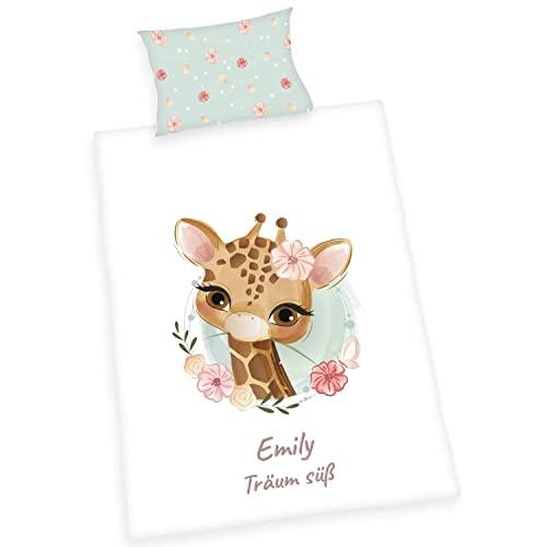 Wolimbo Bettwäsche - Giraffe Motiv - personalisierbar - 100 x 135 cm - Babybettwäsche - Kinderbettwäsche - 100% Baumwolle - Weich