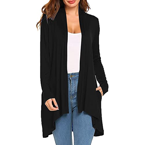IQYU Cardigan Noir Élégant pour Femme - Grandes Tailles - Veste Longue avec Poches - Légère et Fine pour Mi-saison et Été - en Laine pour Printemps