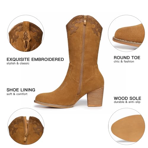 Image of SHIBEVER Cowgirl Boots for Women: Western Mid Calf Suede Boot for Dancing