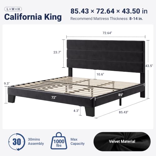 Image of Allewie Cal King Size Platform Bed Frame with Velvet Upholstered Headboard