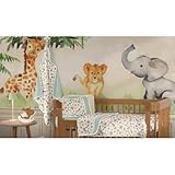 Kit Berço Selva Safari, Conjunto com Lençol, Fronhas e Manta Dupla Face, 100% Algodão, Decoração Infantil com Elefantes e Girafas, Verde e Bege