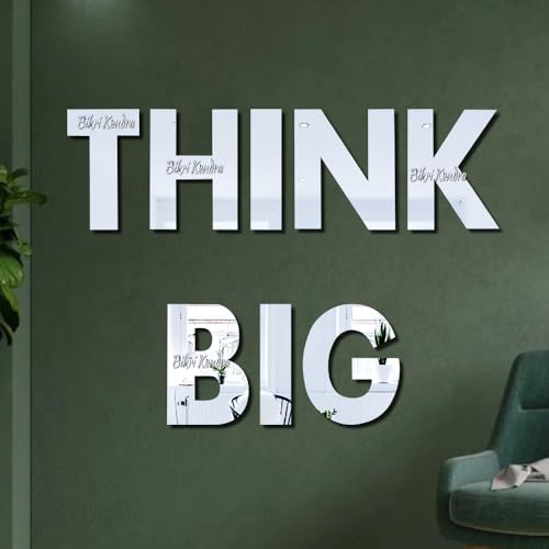 Image of Bikri Kendra - Think Big Letter Mirror Sticker, Acrylic stikcer, Decorative Mirror Sticker for Wall, Bedroom, Hall, Living Room, Kitchen. (Silver Think Big)