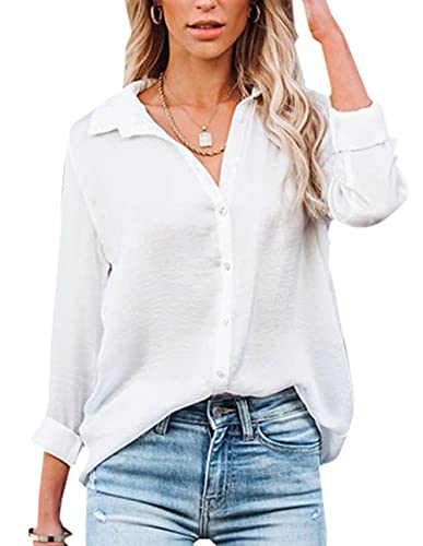 NONSAR Blusa para Mujer de Manga Larga y, Cuello de Pico, con Botones, Elegante, Informal, para Trabajo, Camisa de Manga Larga, Blanco, M