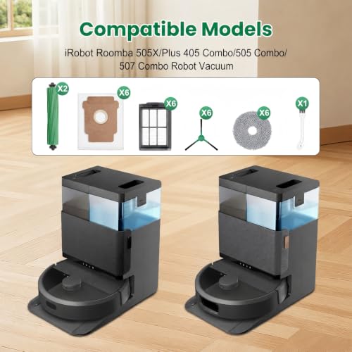 Image of 27 Pcs Replacement Parts for iRobot Roomba 505X /Plus 405 /505 Combo Vacuum | 2 Main Brushes 6 Side Brushes 6 HEPA Filters 6 Mop Pads 6 Dust Bags 1 Cleaning Brush