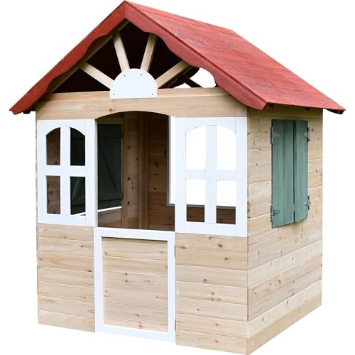 dobar® Kinder-Spielhaus aus Holz mit Fenster und Türen - Spielhaus Outdoor Bausatz mit einfachem Aufbau - Kinderhaus für Garten - Rot - 115 x 102 x 125 cm