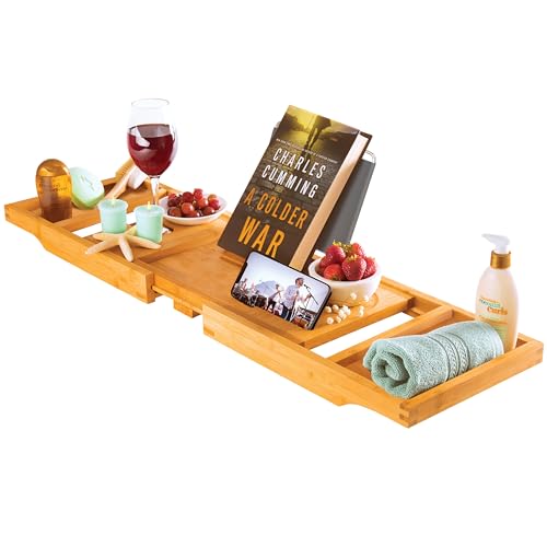 Bathtub Tray - Expandable Bamboo Bath Tray for Tub with Wine Glass Holder, Book & Tablet Stand - Wooden Bathtub Caddy Tray Table for Bathroom Accessories, Spa Relaxation, Housewarming & Wedding Gift