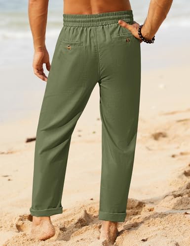 Image of iWoo Linen Pants Men Casual 2025 Summer Beach Elastic Drawstring Waist Yoga Pants Travel Baggy Work Pant Pajama