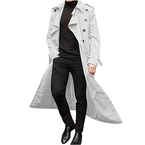 Ctreela Mens Long Trench Coat Business Casual Double Breasted Overcoat Fall Winter Solid Color Windbreaker Lapel Outwear