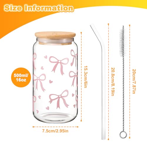Drinking Jars,16 oz Pink Bow Glass Cup, Versatile and Stylish Drinking Glass Cups with Lids and Straws Aesthetic Gifts for Women Girls Friends - Image 5