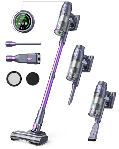 MIUZZY Aspirateur Balai sans Fil Autoportant, Aspirateur sans Fil Puissant avec LED Ecran Tacile 50min Autonomie Aspirateur Balai pour Poils d'animaux Sol Dur et Voiture