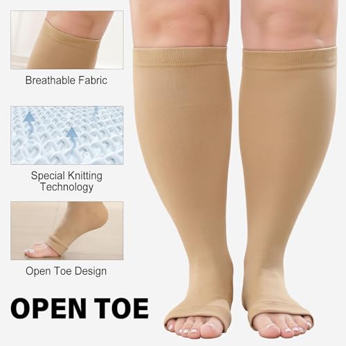 CaiDieNu Plus Size Compression Socks: Open Toe Wide Calf Compression Socks for Women and Men 20-30 mmHg Extra Large Calf Knee High Toeless Support Stocking for Nurse Pregnancy Travel Flight2
