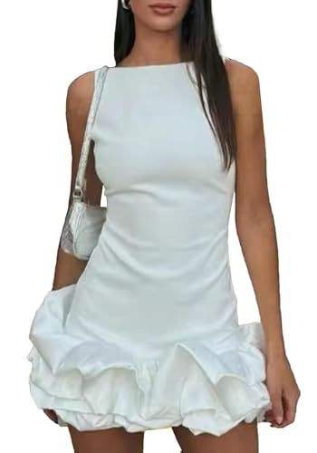 Image of Unybwonn Women Ruffle Bubble Mini Dress Sleeveless Ruched Hem Bodycon Dresses a Line Mock Neck Tank Short Dress