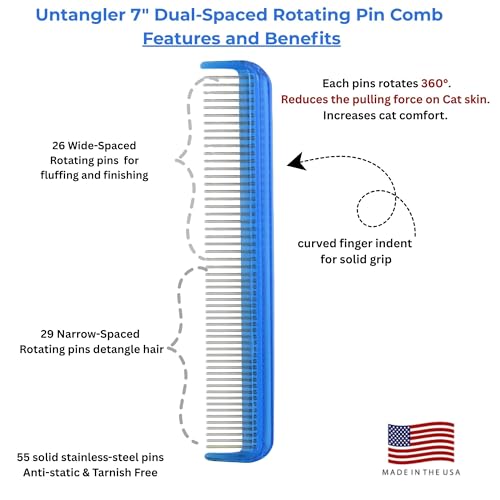 Image of Cat Comb - 7 inch Dual-Spaced Rotating Teeth Comb, Blue - Stimulates Natural Oil Production, Prevents Static Build Up, Made in USA, Vet Recommended, Hand Assembled