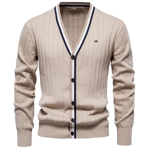 AIOPESON Mens Cotton Cardigan Sweaters Long Sleeve V-Neck Cardigans Button-up Knitted Sweater Apricot Cover